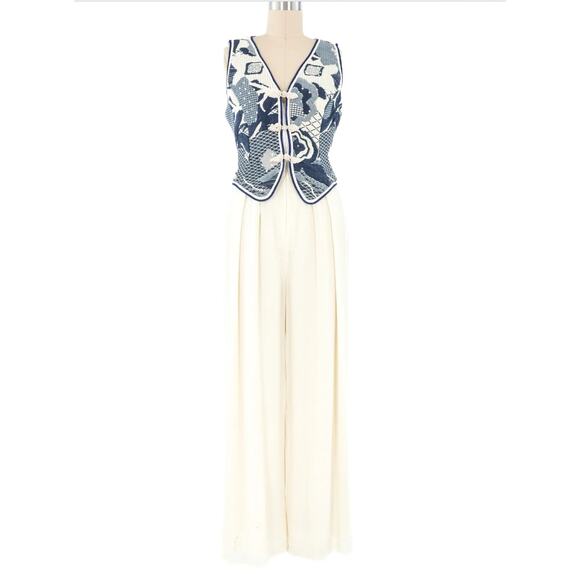 Cache Vintage Tapestry Vest Jumpsuit One Piece 80S Rhinestone Studded Mesh Panel - Picture 1 of 16